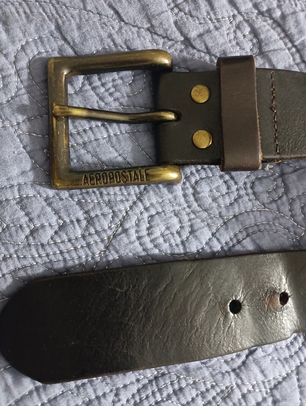 Rare Aeropostale Men's Dark Brown Leather Belt with Antique Brass-Tone Buckle